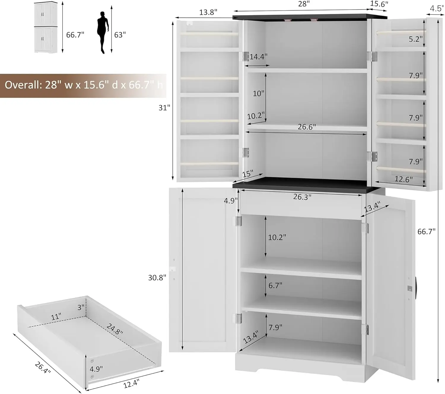 Pantry Cabinet, Freestanding Farmhouse Storage Cabinet with 8 Door Shelves, 2 Cabinets and 1 Drawer, Tall Cupboard for Kitchen,