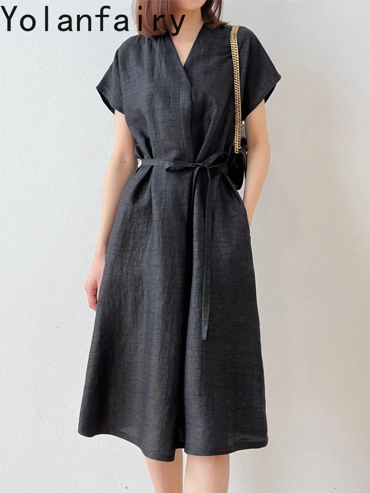 YOLANFAIRY High-end Gauze Silk Summer Dresses 2025 Woman Loose V-neck 100% Mulberry Silk Black Dress Lace-up vestidos para mujer