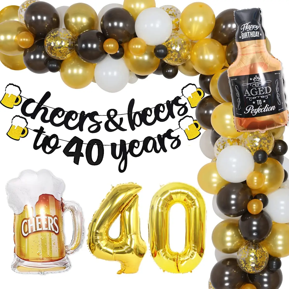 

Beer Themed Birthday Decorations, Cheers and Beers Banner, Black and Gold Balloon, Garland Kit, 40 Years Old, Party Supplies