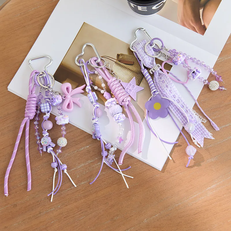 

INS Fashion Purple Color Elegant Baseball Car Bag Backpack Pendant Keychain Women Girls Sweet Bow Weave Rope Lanyard Key Chain