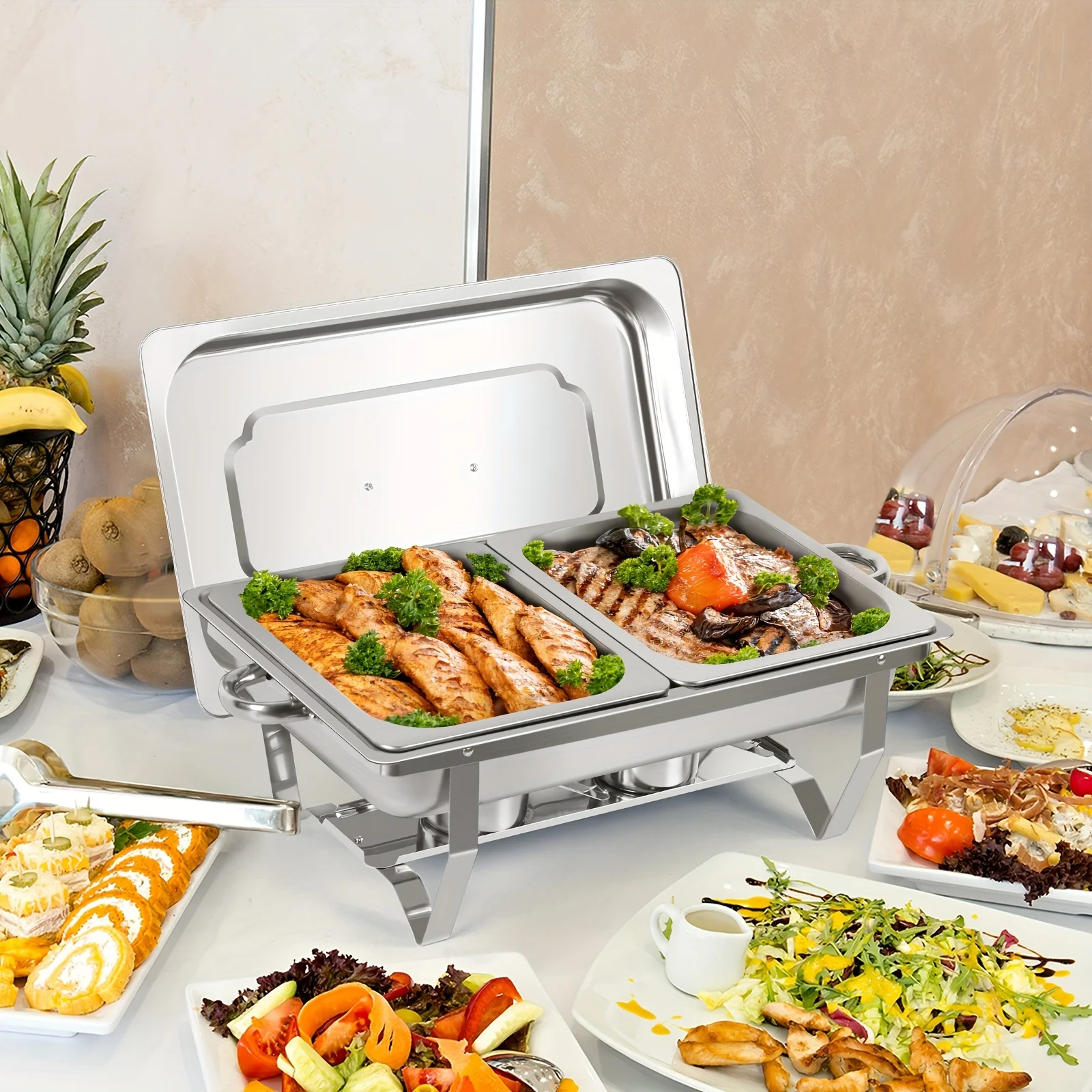 

8 Qt Full Size Stainless Steel Chafing Dishes Buffet Set, Silvery Rectangular Catering Chafer Warmer Set with Trays Pan Lid Fold