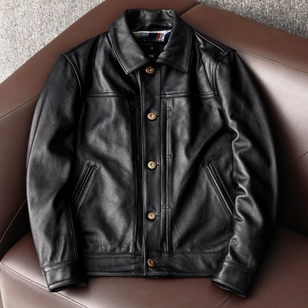 

Pure first-layer cowhide leather men's large-size denim casual men's lapel leather jacket
