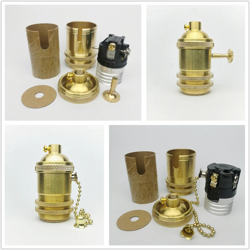 النحاس 100% النحاس مصباح حامل مقبس الإضاءة الكهربائية المقبض أو سلسلة التبديل و الخيوط المسمار الظل حلقة مجرب قاعدة الإضاءة ذاتية الصنع