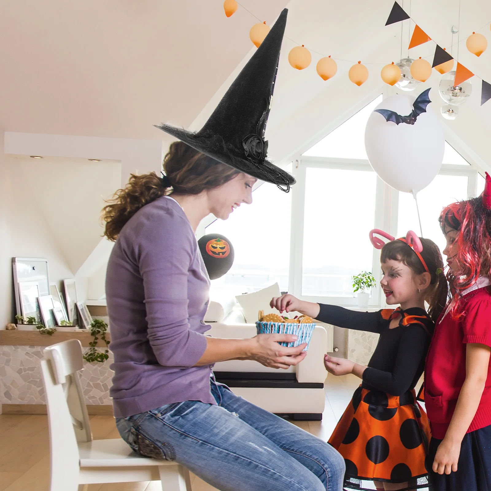 Halloween Witch Hat Women Classic Wide Brim Lightweight Witch Cap Cosplay Prop Halloween Costume Accessory Party Photo