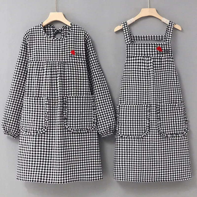 

Новый женский фартук с длинными рукавами в молодежном стиле, прочная хлопковая униформа для кухни и уборки дома, с множеством карманов, защита от протеканий