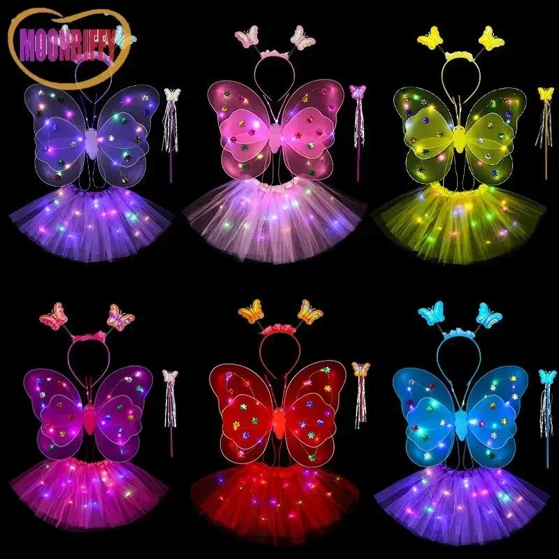 תחפושת ילדות LED בגילאי 2-6 שנים, חצאיות לבנות עם כנפיים מאירות, חצאית פרפר מבריקה ותאורה, מתאימה לתחפושות של נסיכות
