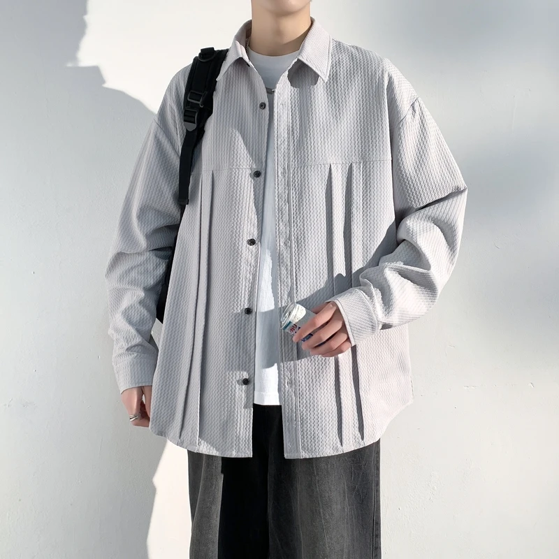

Spring 2026 Men's Long Sve Casual Striped Workwear irt Loose Fit Open Cardigan Collar Sle Polyester Fiber Youth Trend