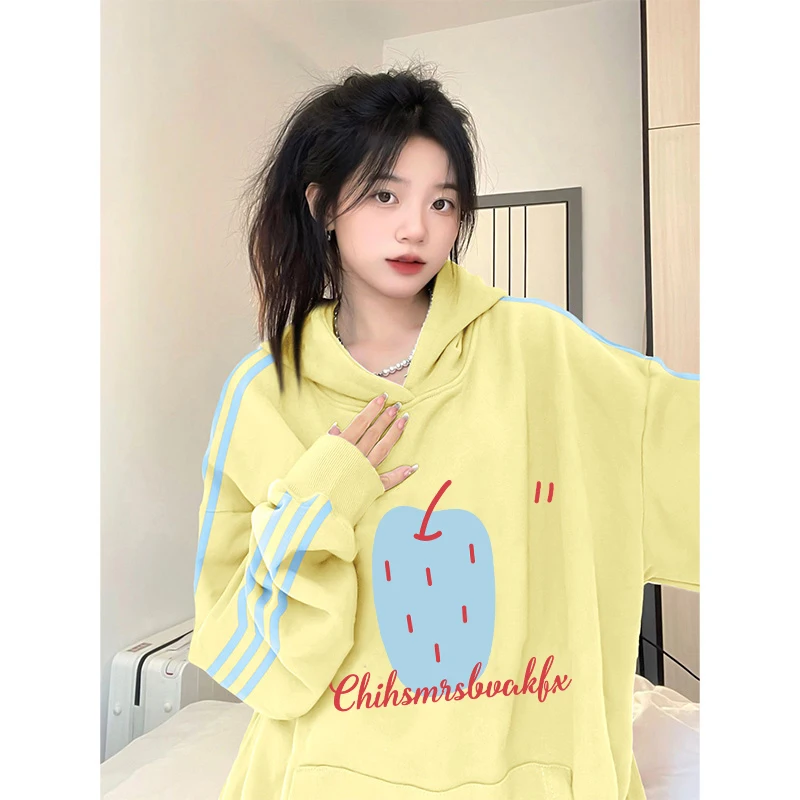 مقنعين Thiened طويل Sve Fce المرأة تي شيرت فضفاض INS اللون بلو تي شيرت شريط Ele العصرية ملابس خارجية البلوز #1