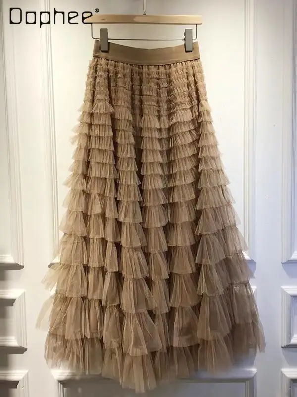 

Women Pleated Tulle Long Skirts Ruffles Mesh Loose Skirts Elegant Solid Color High Elastic Waist Fairy Cake Tutu Party Skirts