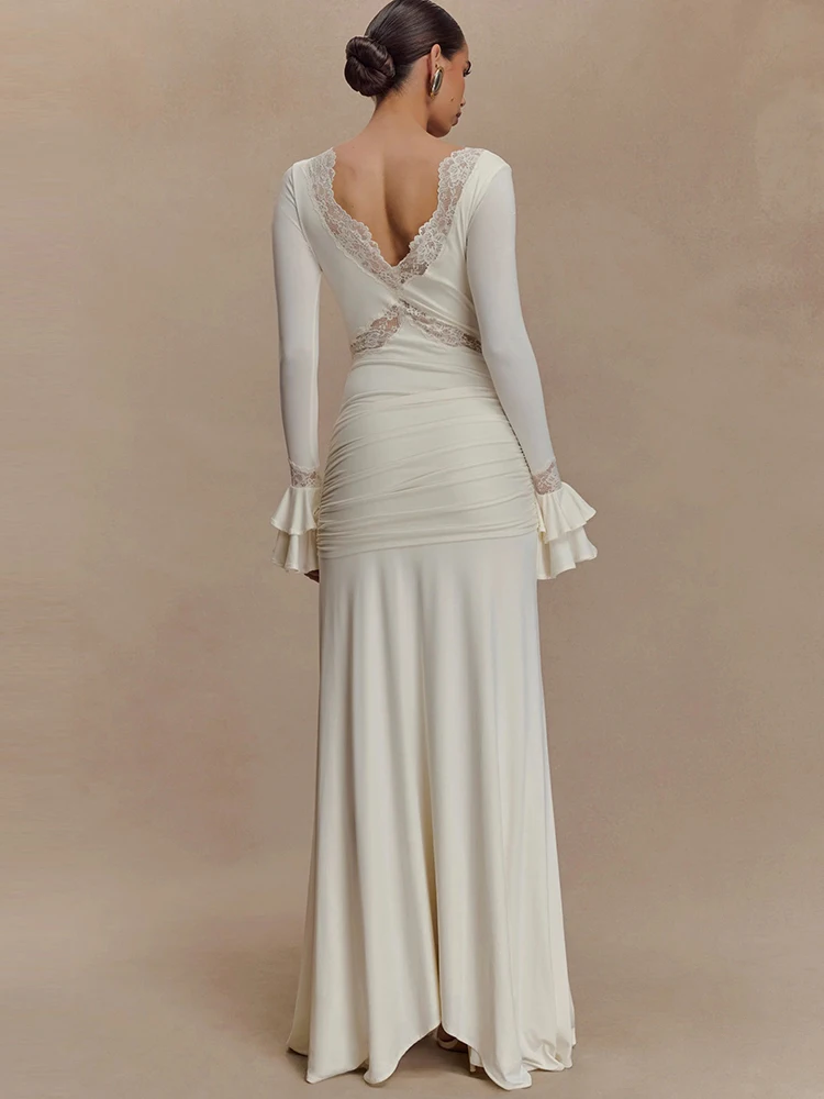 فستان ماكسي Sibybo بأكمام مضيئة ثنيات مكشكشة للنساء من الدانتيل المرقعة ورقبة على شكل V فساتين ضيقة أنيقة ومثيرة للحفلات