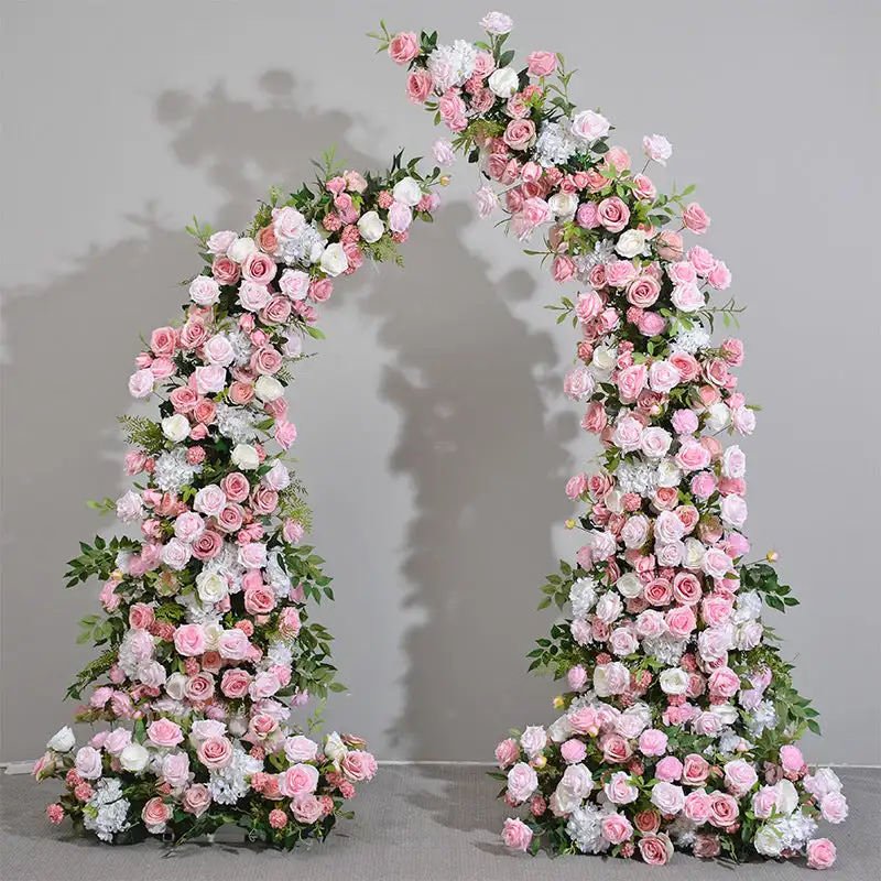 

Custom pink and white rose peony Hydrangea green leaf artificial horn arch wedding background decoration banquet event layout