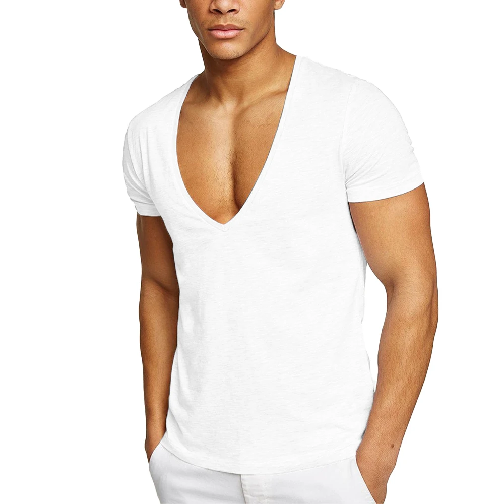 Casual Summer Short Sleeve T Shirt For Men Undershirt Deep V Neck Slim Fit Clubwear Solid Color Sports Tee Tops T-Shirt Clothing