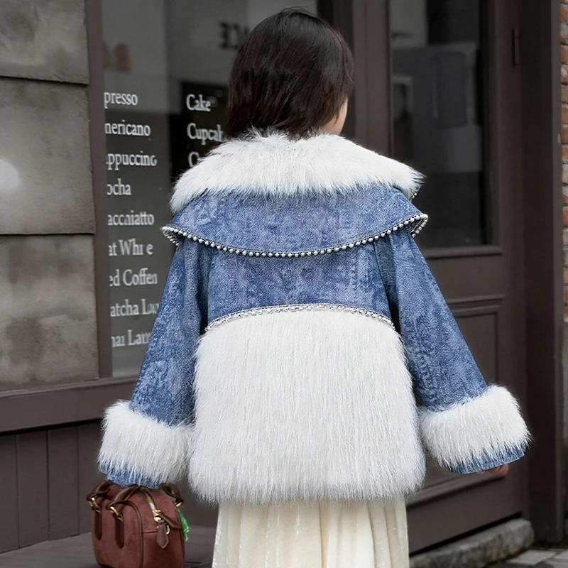 Winter children's imitation denim fur coat autumn girls' fake fox fur cotton coat spring boys' warm long sleeved jacket coat