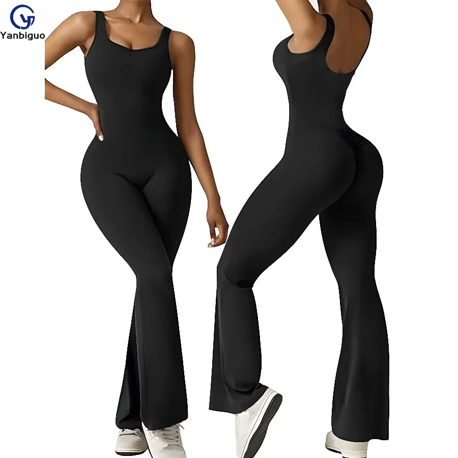 

Sleeveless Flare Yoga Jumpsuits Sexy Shapewear, All-in-one Training, Fitness, and Sports Jjumpsuit, U Back Flared Pants