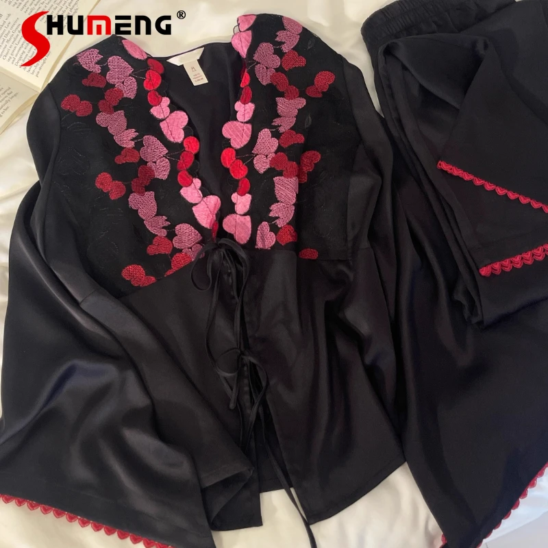 

Lace Embroidery Pajama Set for Women Sexy Black Ice Silk V Neck Girls Loungewear Female Spring Autumn New Home Wear Suits