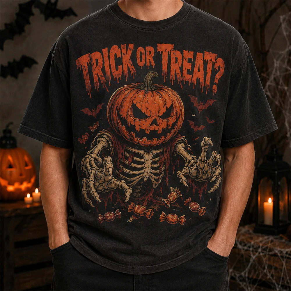 Halloween Skeleton T-shirt Men Vintage Pumpkin Candy 3D Print Tee Trick Or Treat Horror Skull Casual Streetwear Party Tee Top
