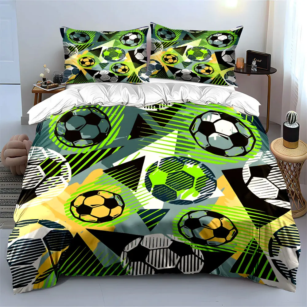 Graffiti Green Soccer Geometric Bedding Set, Abstract Triangle Football Print Duvet Cover Set For Teen Boys Sports Fans, Gifts