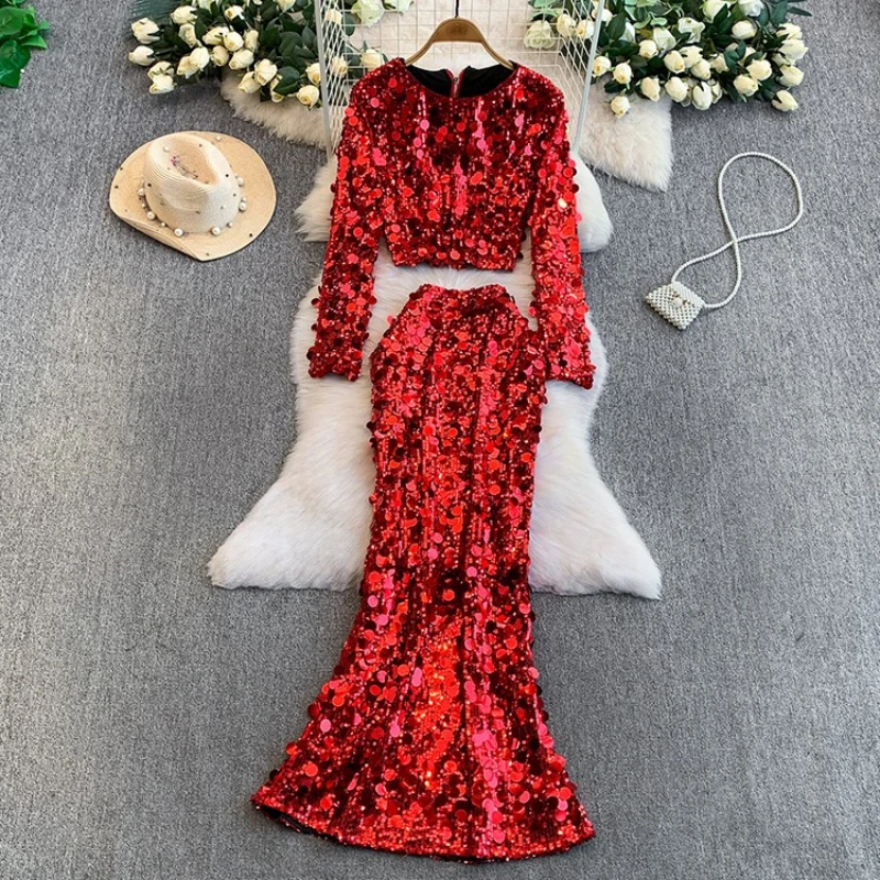 

Light luxury high-end heavy industry sparkling pearl top performance slim fit elegant fish tail long skirt women's set