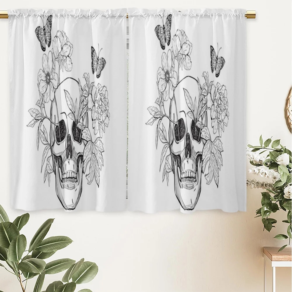 2PCS Skull Floral Print AB Sheer Curtains, Rod Pocket, Polyester, Home Decor, Window Drapes, Bedroom Living Room, Kitchen
