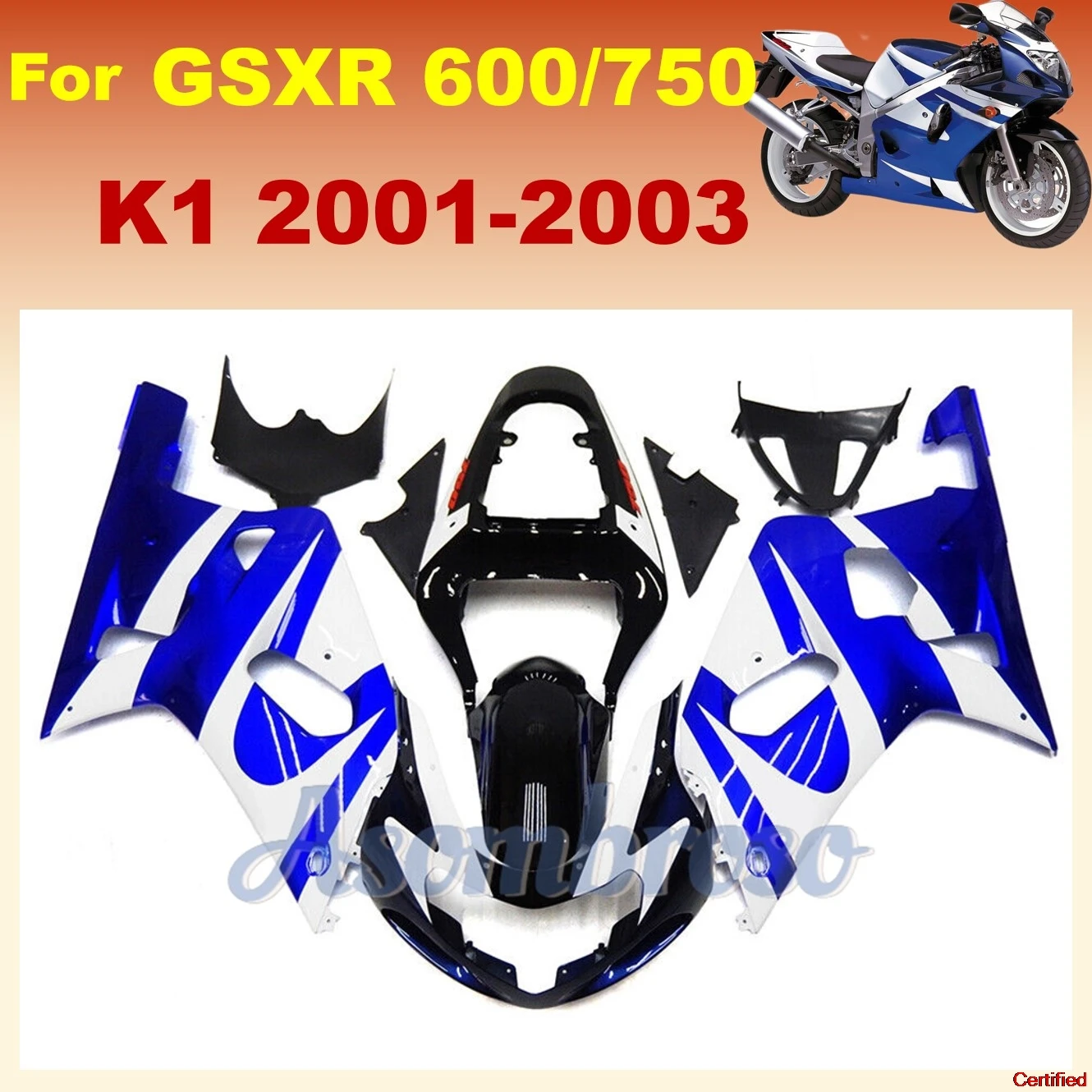 

Комплект обтекателей из АБС-пластика для мотоцикла GSXR600 750 2001 2002 2003 gsxr750 gsxr 600 K1 01 02 03, комплект сине-белых обтекателей