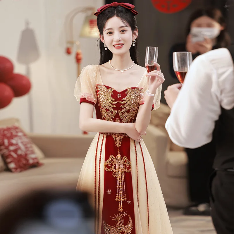 Robe de mariée chinoise en maille de luxe pour femme, robe de mariée, Cheongsams Qipao élégant, paillettes appliquées, pompon, robe éducative, F. C.