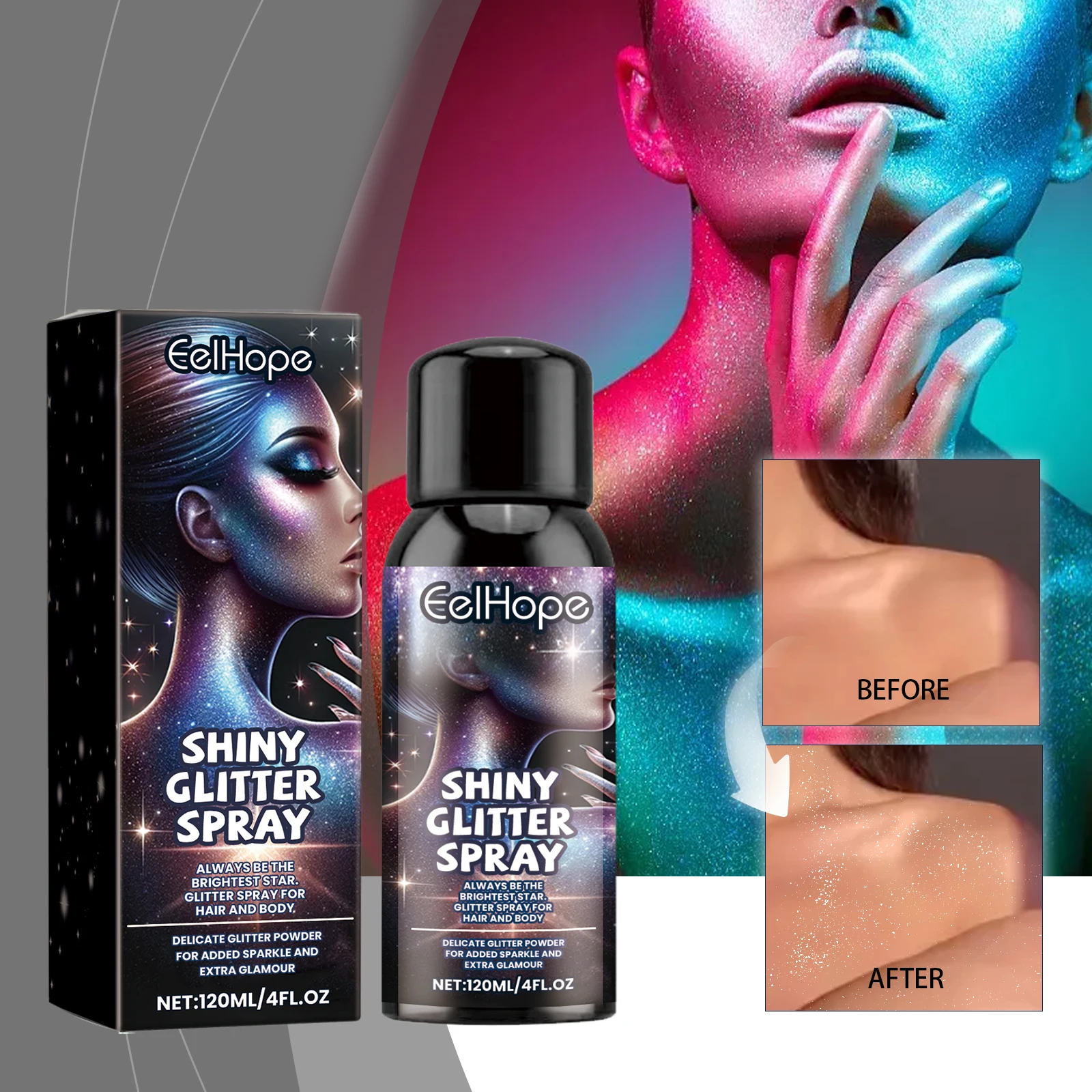 Spray ad alto glitter Fulling effetto scintillante per il corpo Brillante a lunga durata Festa in discoteca per la pelle Capelli Trucco viso Polvere glitter per la pelle