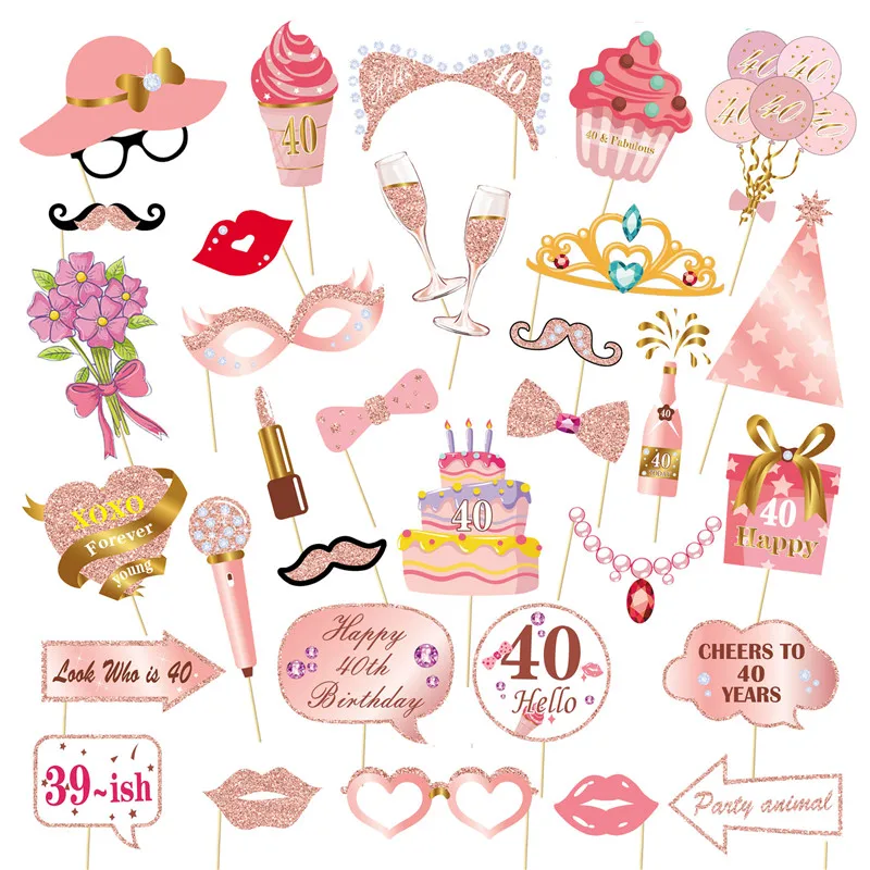 Suministros de decoración de feliz cumpleaños para adultos, accesorios de fotos de mano, oro rosa, negro, 18, 30, 40, 50, 60, 1 Juego