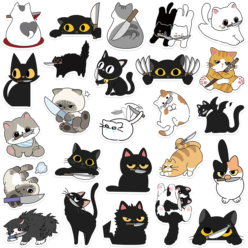 50 stks Cartoon Leuke Kat Met Mes Stickers Decals Voor Telefoon Plakboek Koffer Skateboard Gitaar DIY Graffiti Esthetische Stickers