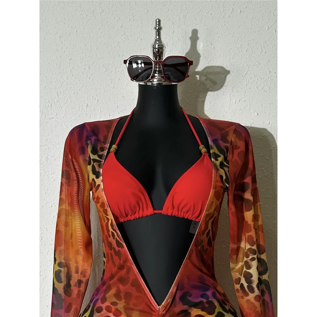 Leopard-Bikini mit langen Ärmeln, Damen-Badeanzug, dreiteiliges Bikini-Set, Damen-Badebekleidung, Badeanzug, Schwimmbekleidung V7608 – Detail 5