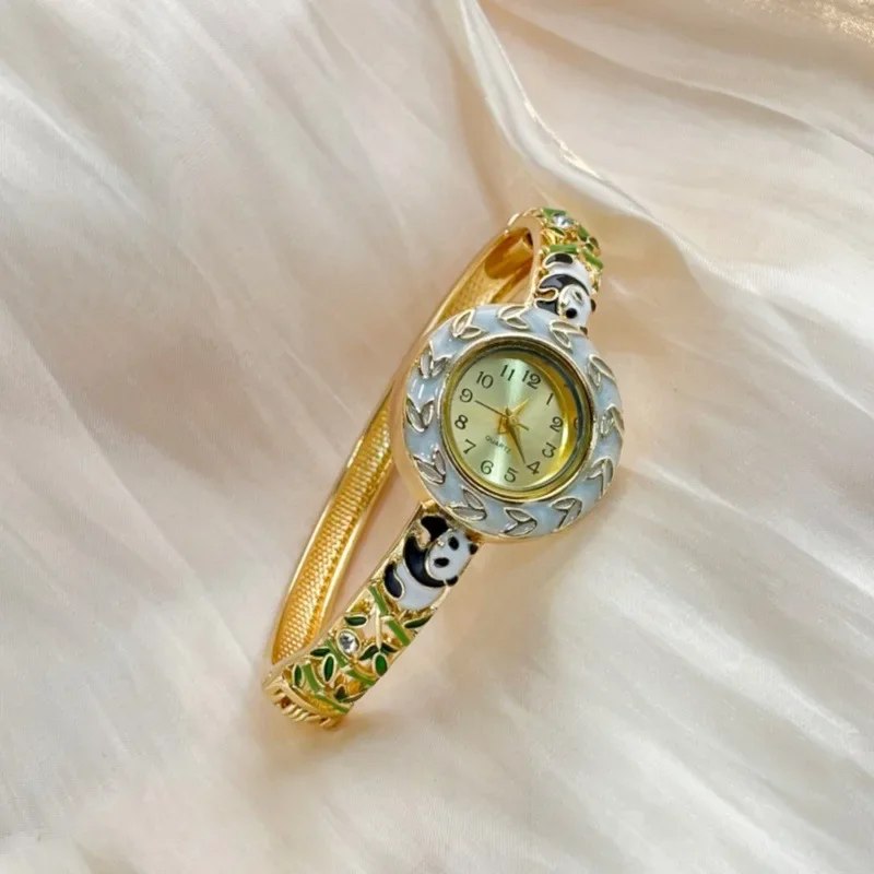 Panda Enamel Bangle Wristwatch Gold Plated Cuff Bracelet Vintage Quartz Analog Wrist Watch Decorative Jewelry Watch For Ladies