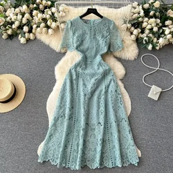 Vintage Solid Lace O-neck Hollow Out Lotus Leaf Sleeves Short Sleeves Long Dresses Casual Women A-Line Fashion Summer Clothing