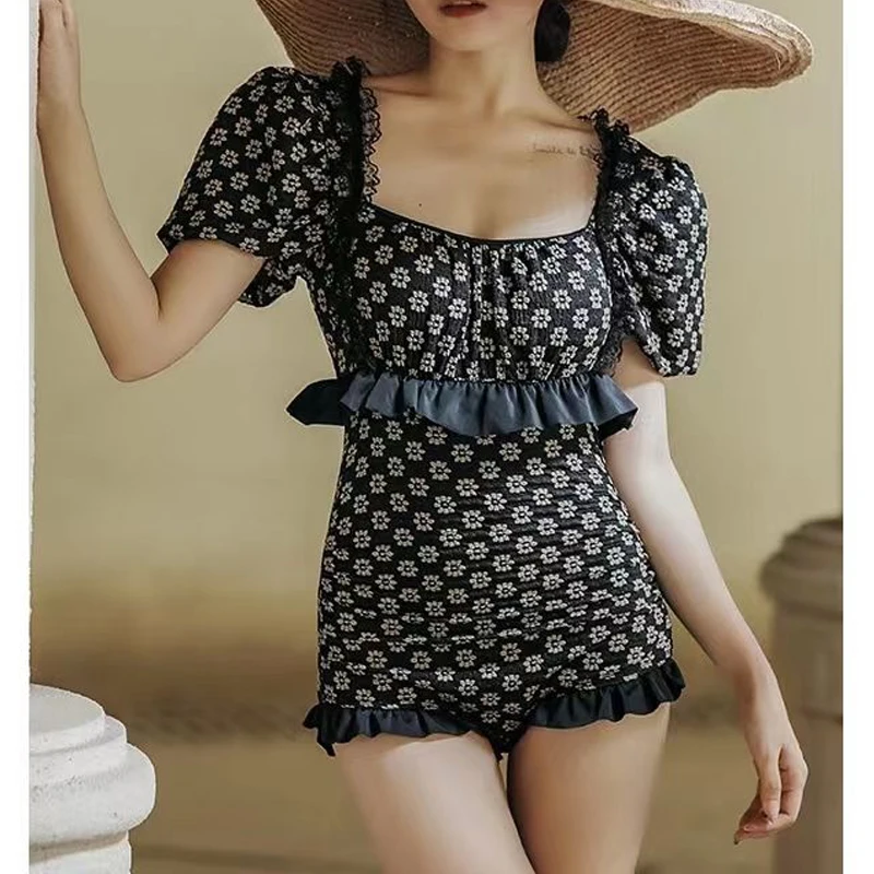 Sexy One Piece Swimsuit Women Summer Ruffled Lace Swimwear Vintage Floral Print Monokini Female Short Sleeve Beach Bathing Suit