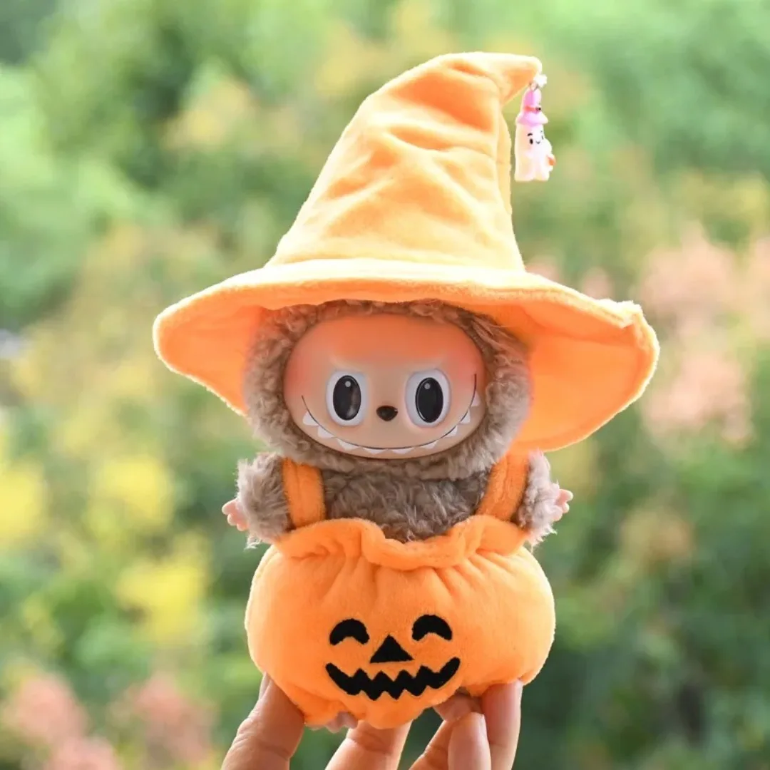 Labubu-caja ciega de ropa de diseñador, muñeco de peluche Universal de 17cm, conjunto de disfraz de calabaza de alta calidad, accesorios