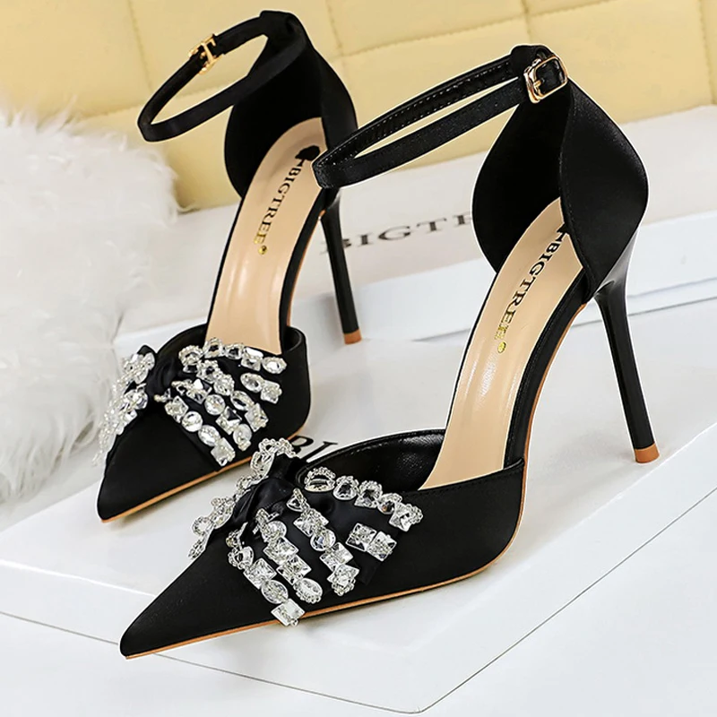 Summer Women\'s High Heels 10 Cm Rhinestone Bow Women Pumps Hollow Out Women\'s Sandals Silk Satin Stilettos Luxury Ladies Shoes