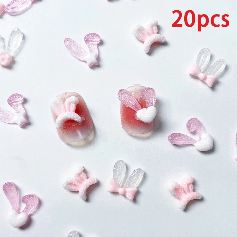 20Pcs/Bag 3D Luminous Cartoon Rabbit Ears Nail Art Ornaments Glow In The Dark Bow Heart Fashion Cute Charm Nails Art Accessories