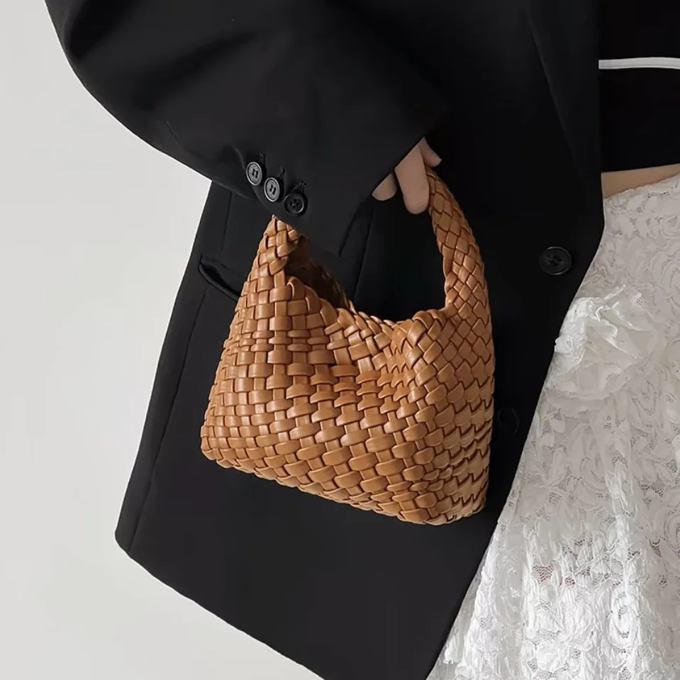 

Women's Burgundy Woven Basket Bag Set, Summer PU Handmade Ins Style Tote Shoulder Handbag