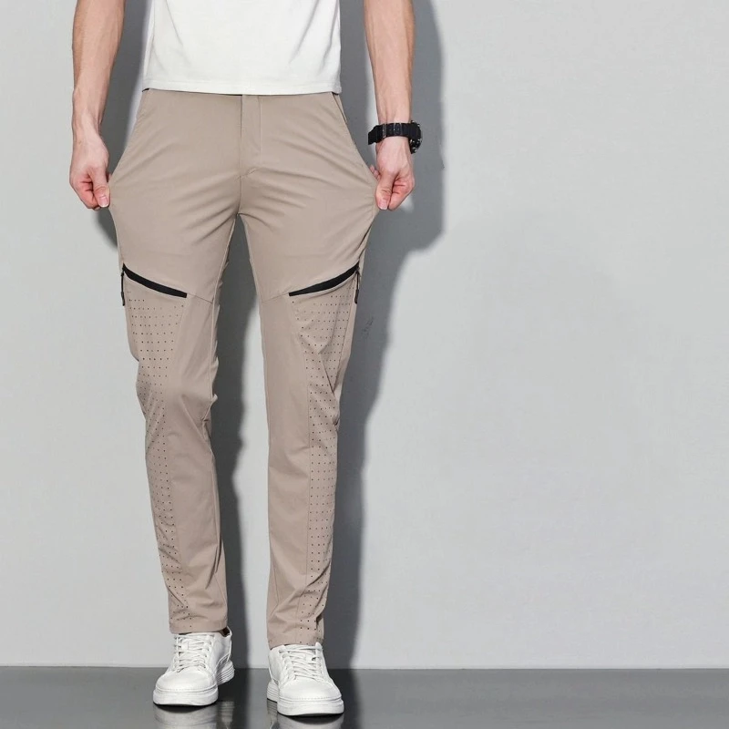 

Летние повседневные брюки из тонкого ледяного шелка, мужские свободные прямые походные брюки, эластичные спортивные универсальные брюки с девятью точками