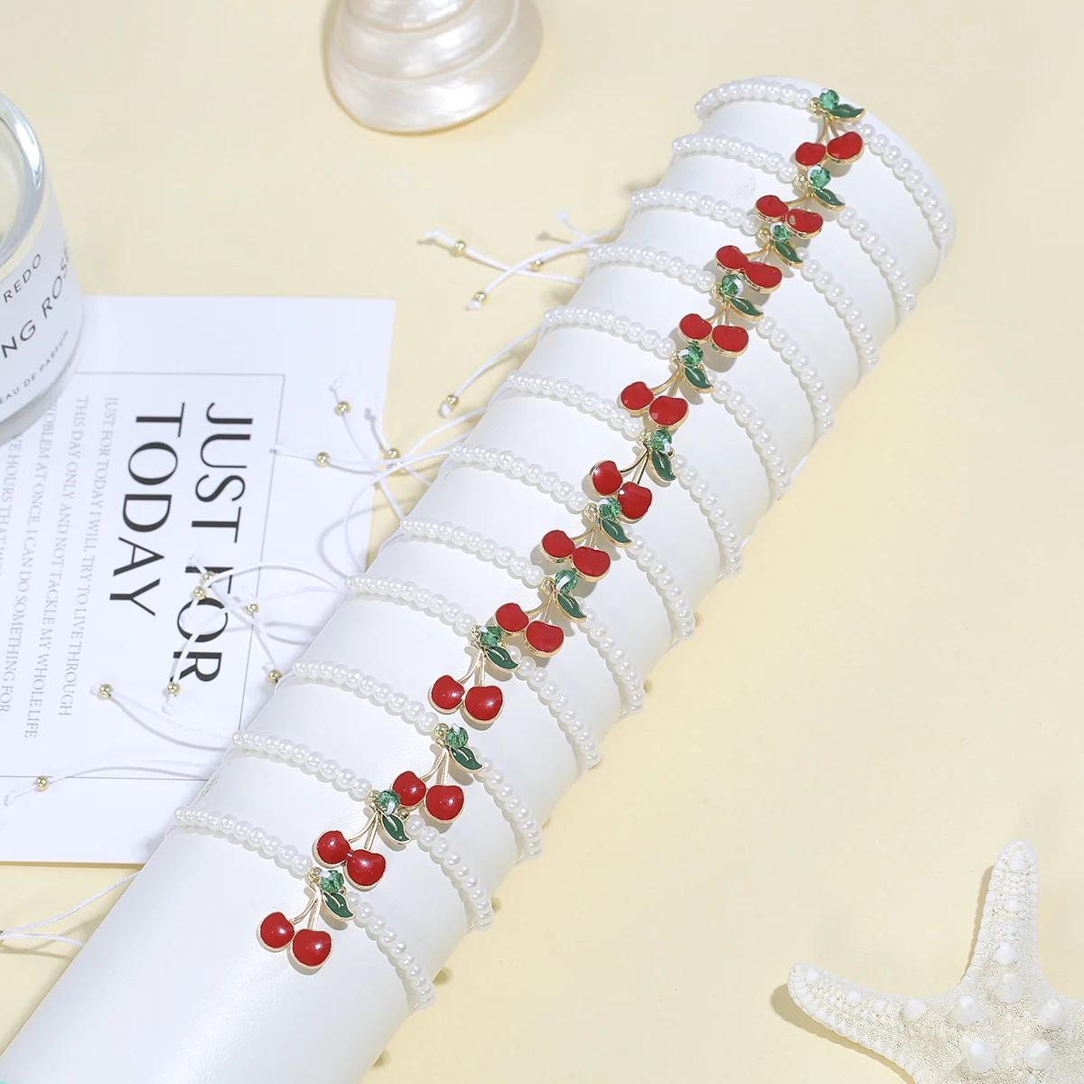 12 قطعة/المجموعة الأحمر الكرز الفراولة سحر سوار مجموعة تقليد اللؤلؤ مطرز قابل للتعديل حبل أساور للنساء مجوهرات هدايا