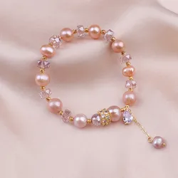 New Arrival 100% Natural Pink Freshwater Pearl Shiny Crystal 14K Gold Filled Ladies Beads Chain Bracelet Jewelry Gifts Women
