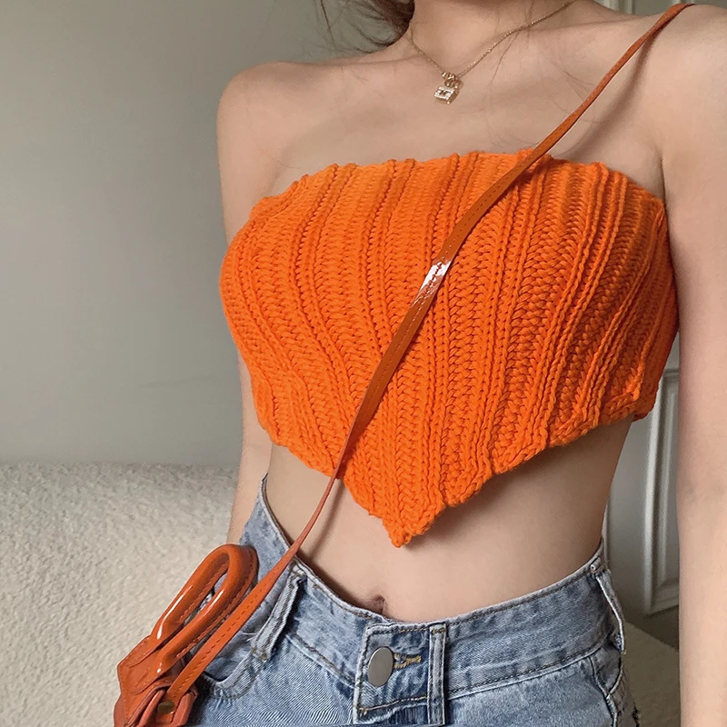 

Y2k Fashion Women's T-shirt Knit Bandeau Crop Tops Strapless Sleeveless Solid Color Hanky Hem Tank Tops Summer Camis Streetwear