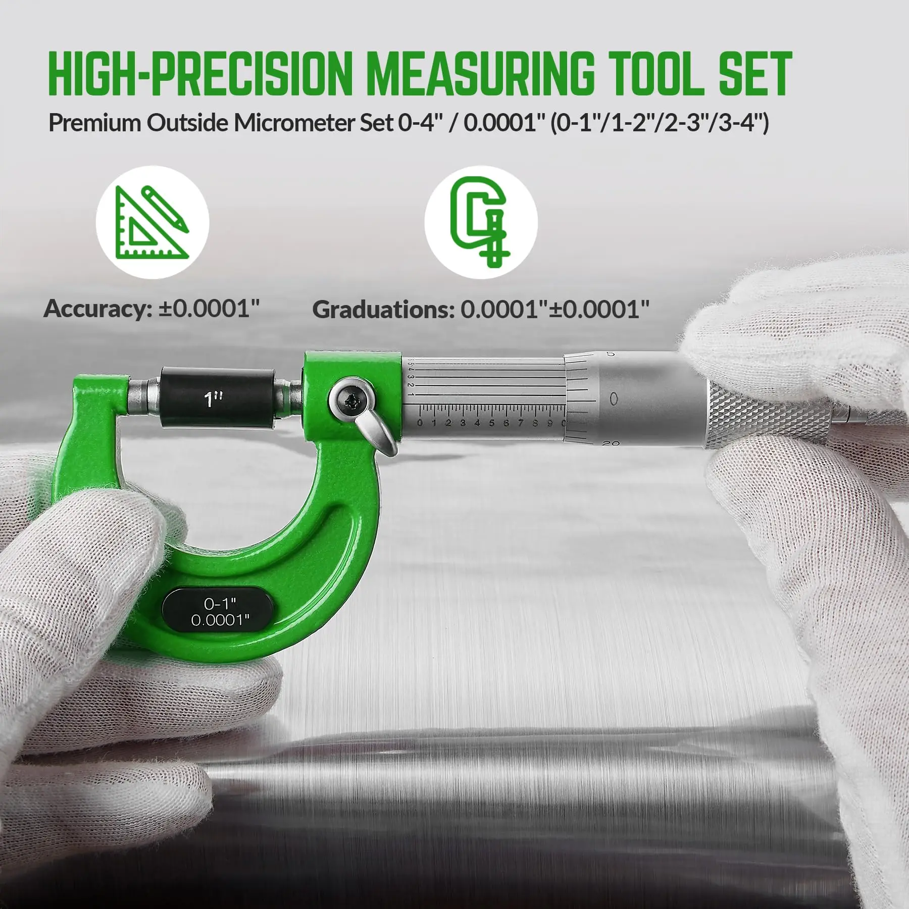 外側マイクロメーターセット 0-4" / 0.0001" (0-1"/1-2"/2-3"/3-4") 精密機械工具、超硬チップ標準ラチェットストップ付き