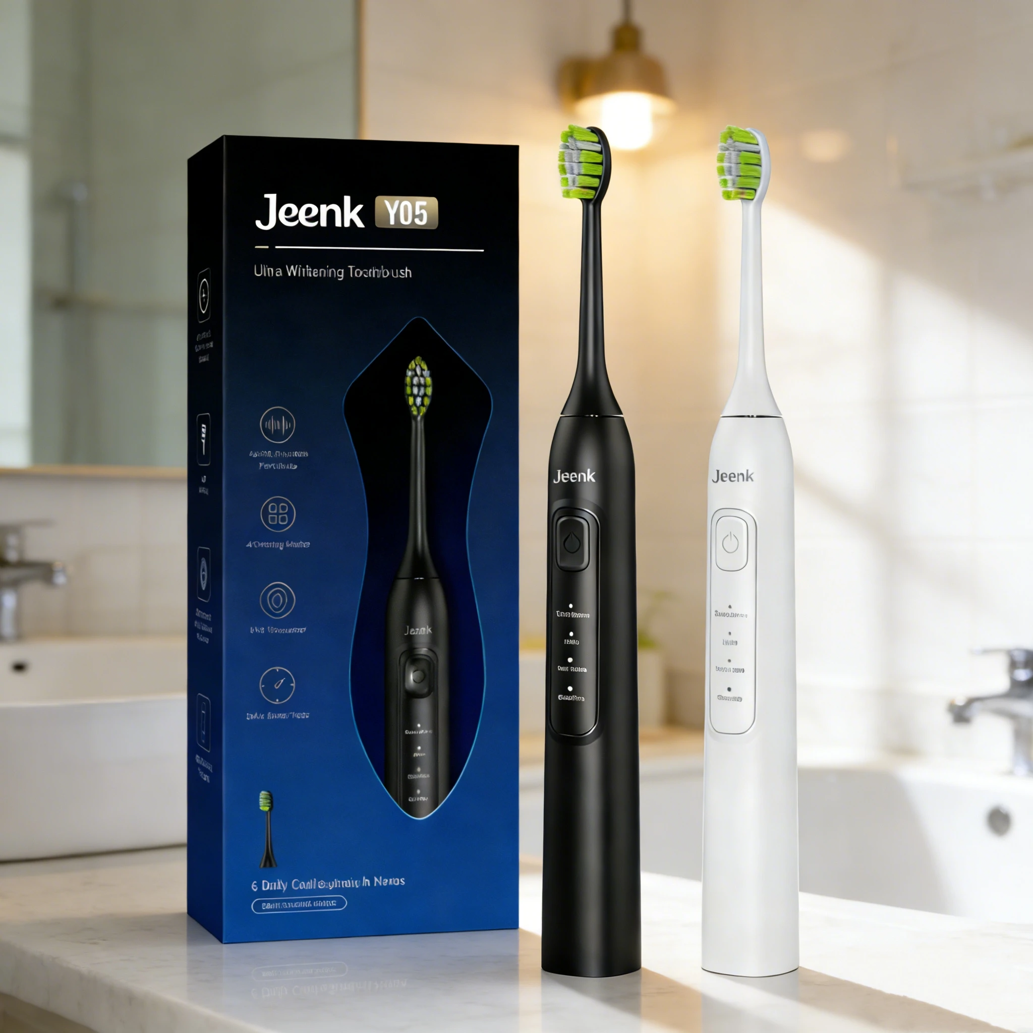 

Jeenk JK-Y05 Sonic Electric Toothbrush 4 Modes Smart Timer USB Charging with 12 Replacement Heads Black and White Color