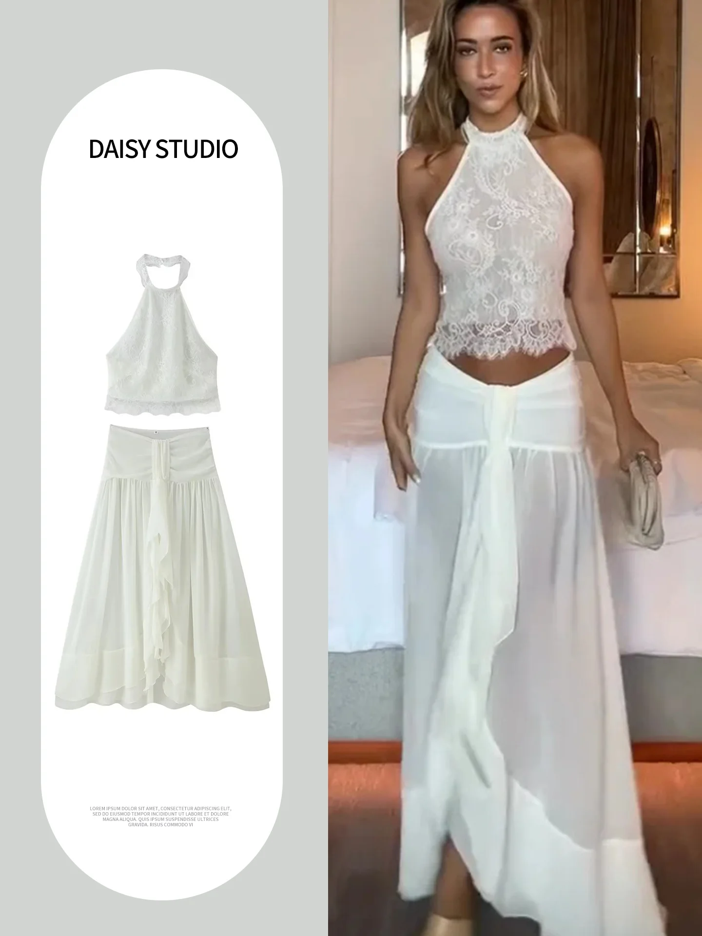 New Autumn Women's Lace Patchwork Button-Up Top And Half Skirt Set Fashionable Split Hem Tunic Top with Knot Decoration