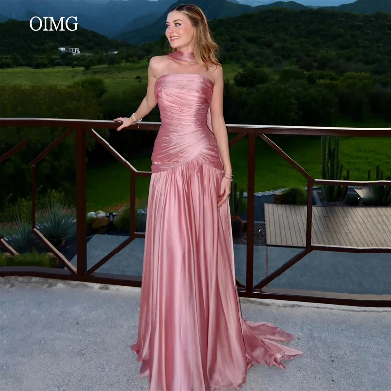 

OIMG Glamorous Strapless A Line Prom Gowns Backless Pleated Party Gown Floor Length Evening Dress vestidos de festa Customized