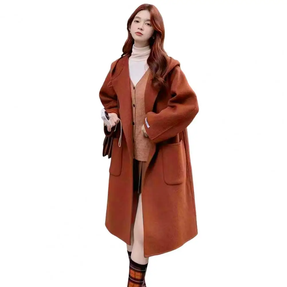 Winter Women Overcoat Hooded Open Stitch Korean Windbreaker Cardigan Mid Length Coat Thermal Long Sleeves Woollen Coat