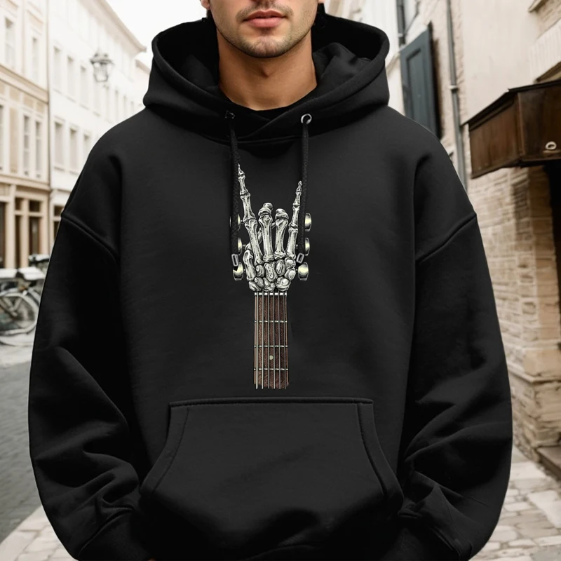 Rock On Guitar Neck Skeleton Hoodies Gift Idea Slogan Hoodies Gift Loose O-Neck Hoodies long Sleeve