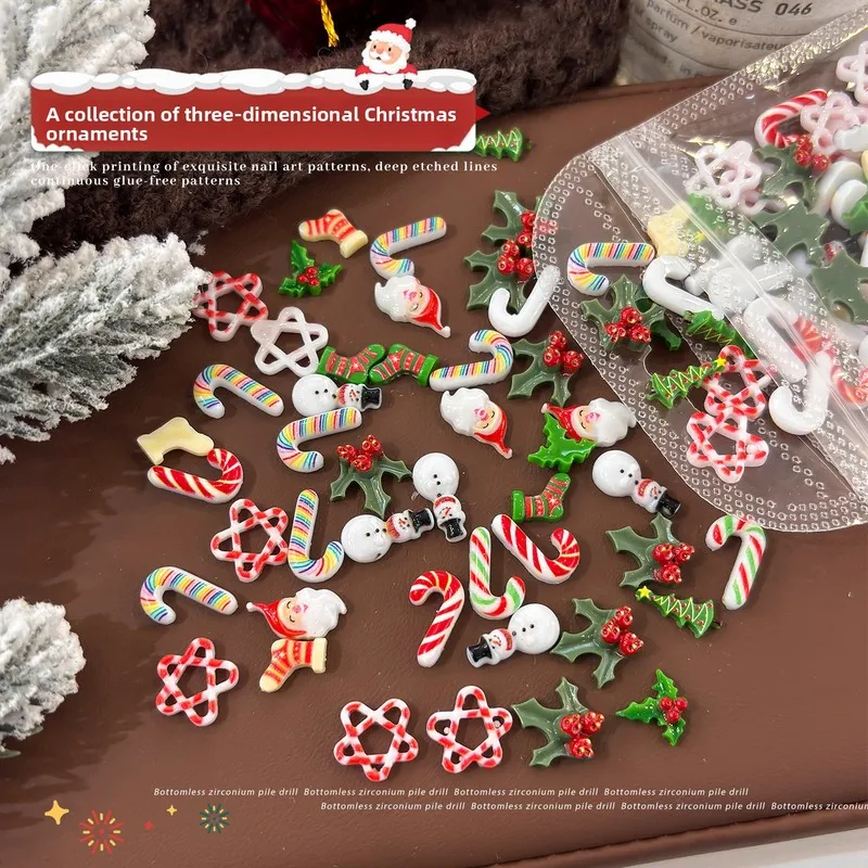 LYLE 100Pcs Cross Border Cartoon Christmas Nail Art Charms Mixed Socks Santa Star Candy Snowman Nail Decorations Hot 3D Gems Set