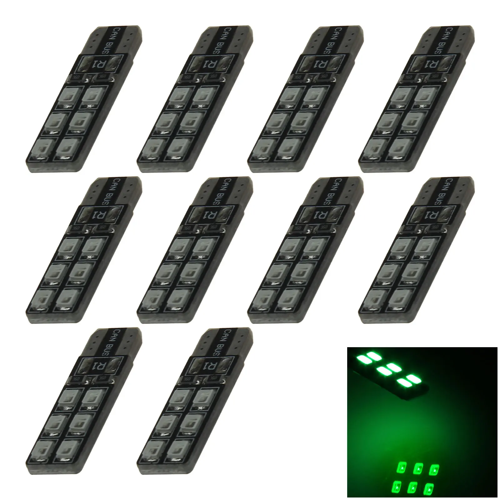 10x Green RV T10 W5W Malibu Landscape Light Wedge Lamp Canbus Error Free 12 Emitters 2835 SMD LED 147 152 158 12961 A097-G