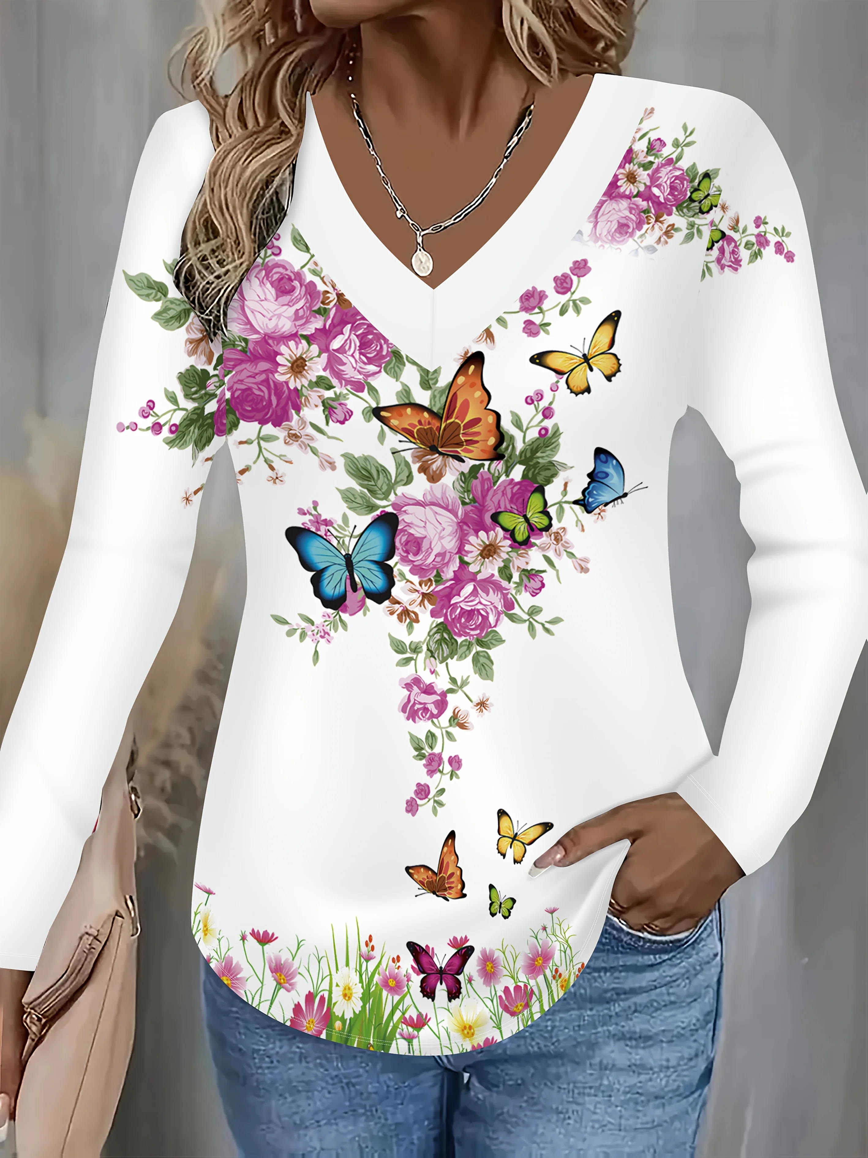 

Women's 2025 Basic V-Neck Long Sleeve,Flower Butterfly Printed Polyester Relaxed Fit Tee Shirt,Spring Autumn Casual Comfort Tops