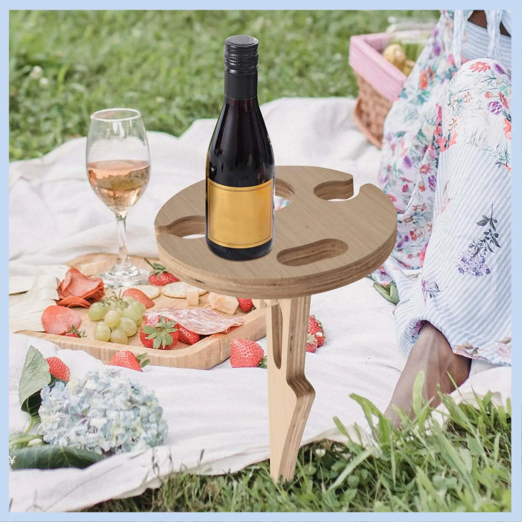 

AS63-Outdoor Wine Table With Foldable Round Desktop Mini Wooden Picnic Table Easy To Carry Wine Rack Support